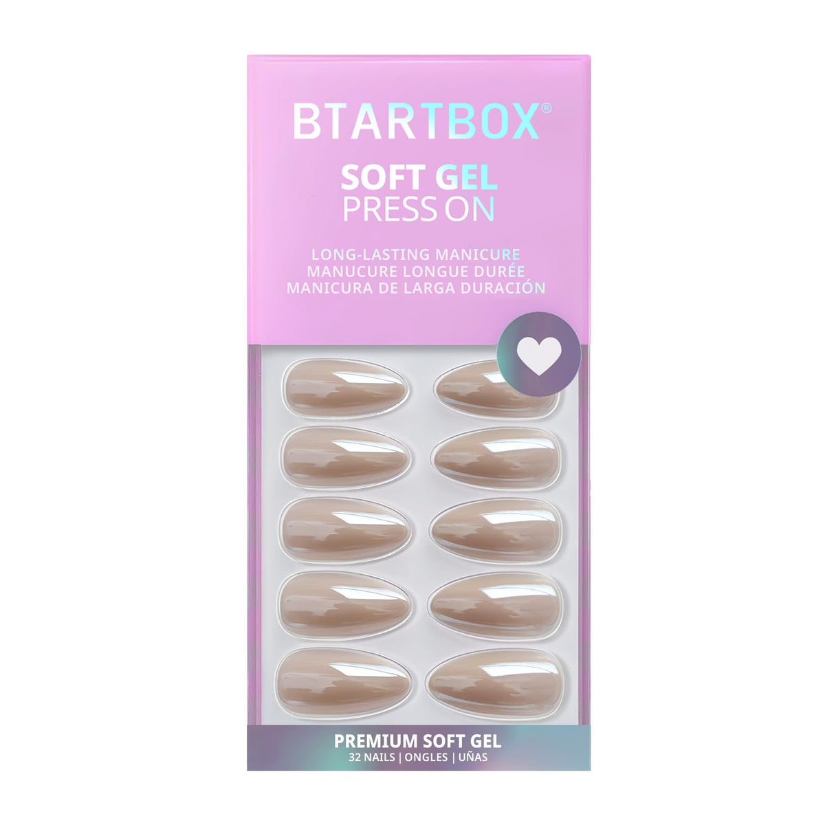 BTArtbox almond shape displayed on hand to show medium length and natural look