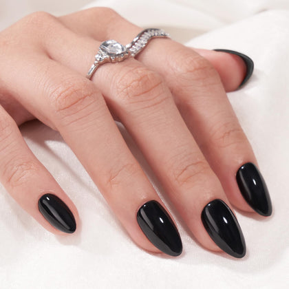 BTArtbox front packaging showing almond black nails and included tools for quick application