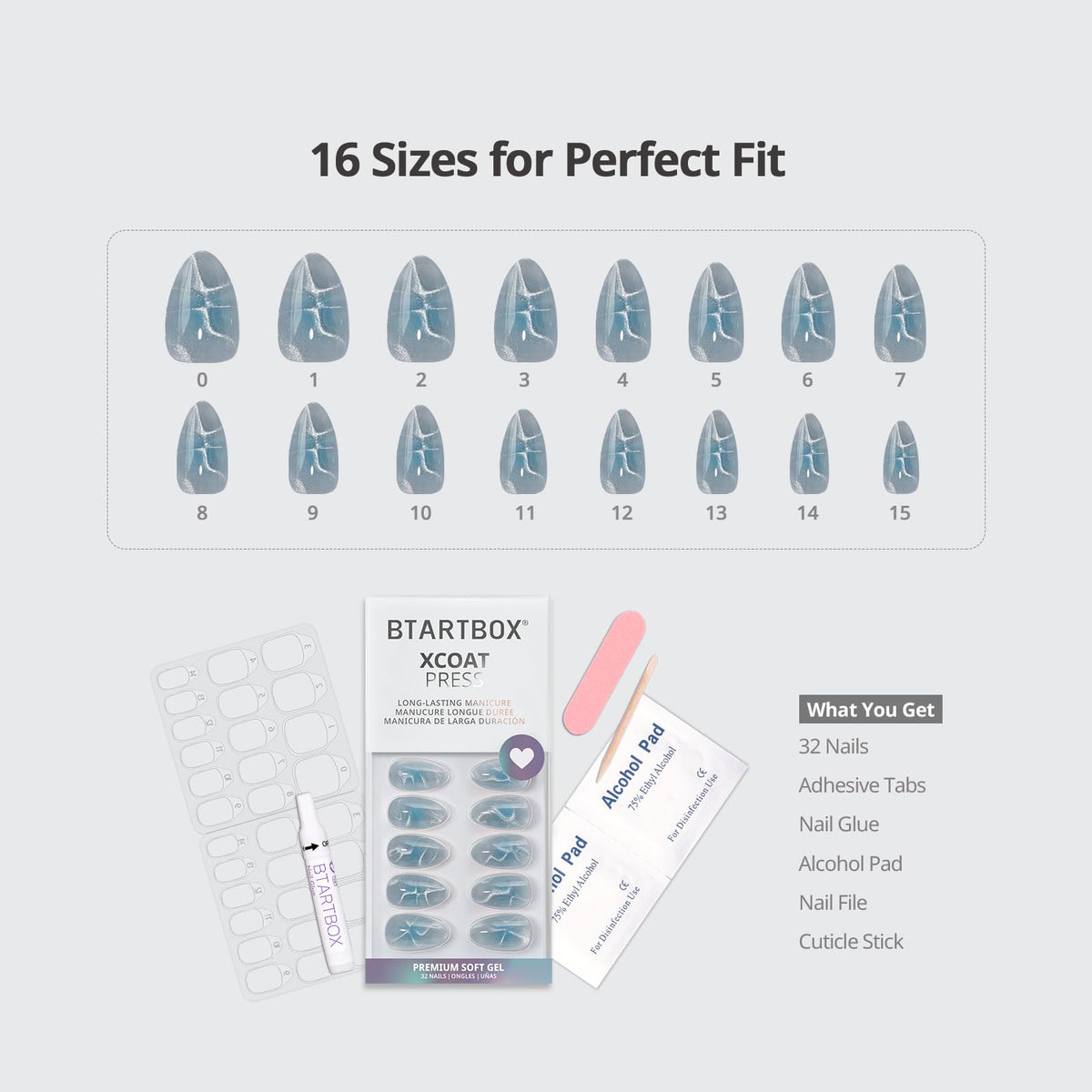 BTArtbox layout of 16 sizes illustrating precise fit for every nail