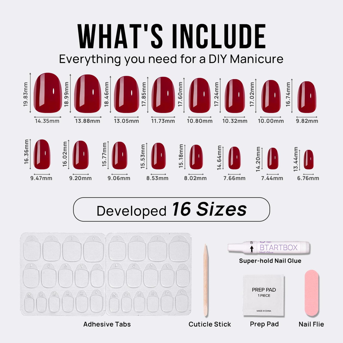 BTArtbox size comparison with 16 nails to match different nail beds