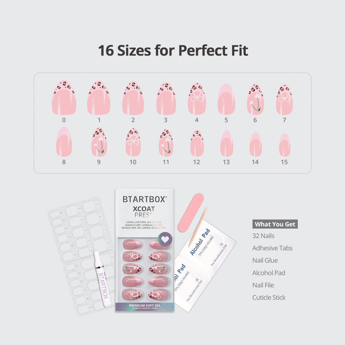 BTArtbox kit flatlay with 32 nails glue tabs file and pads for complete at-home manicure