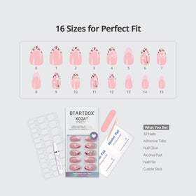 BTArtbox kit flatlay with 32 nails glue tabs file and pads for complete at-home manicure