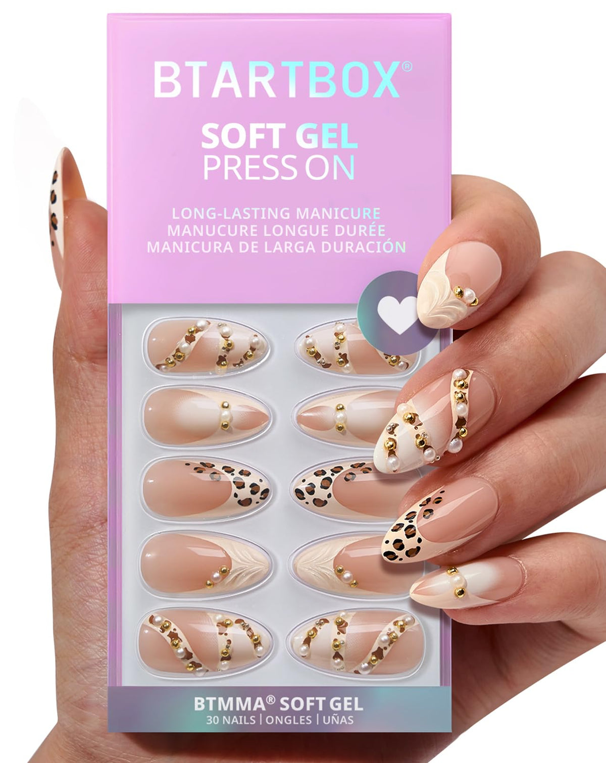 BTArtbox front packaging showing almond press-on nails and kit contents for convenience
