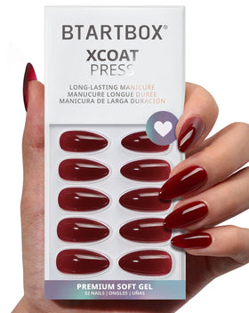 BTArtbox front packaging showing dark red press on nails and kit benefit