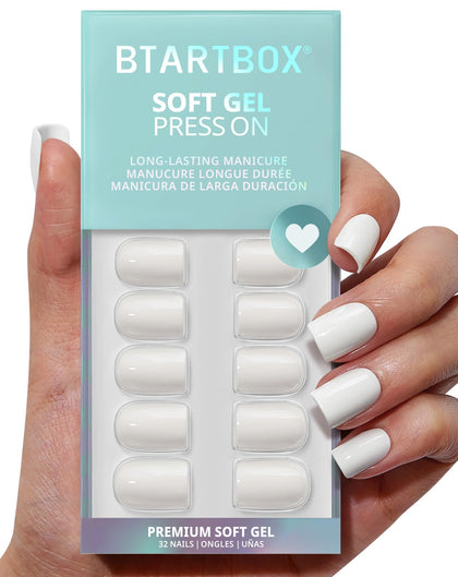 BTArtbox front packaging showing pastel white press on nails and accessories, clear contents visible
