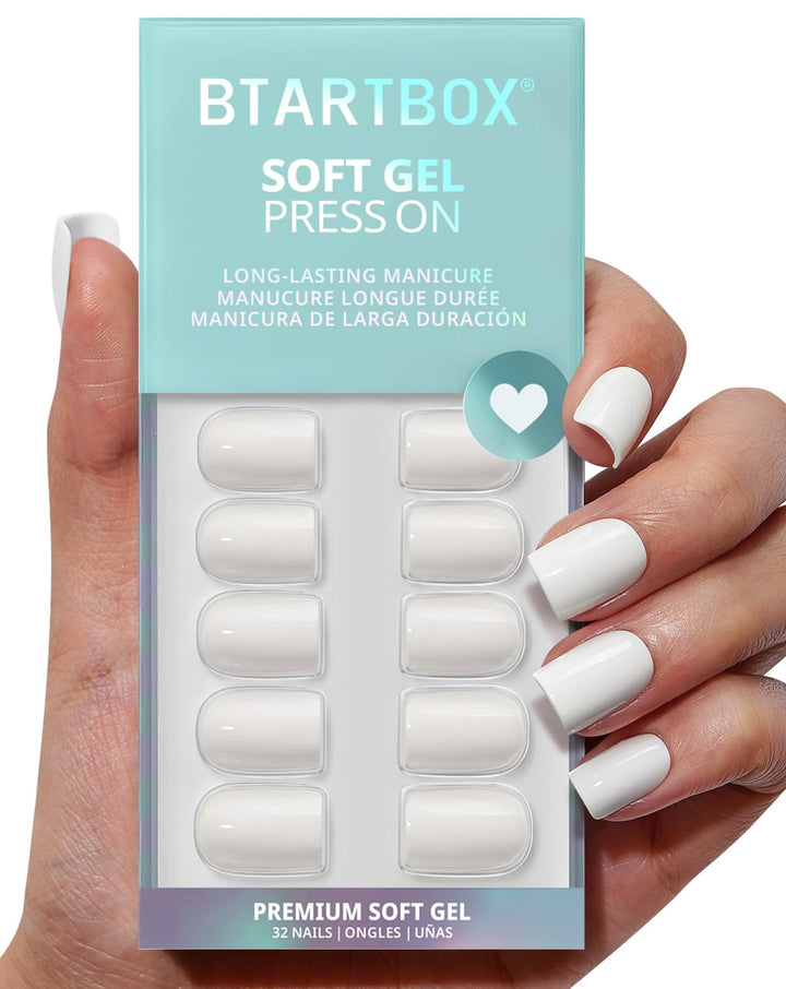 BTArtbox front packaging showing pastel white press on nails and accessories, clear contents visible