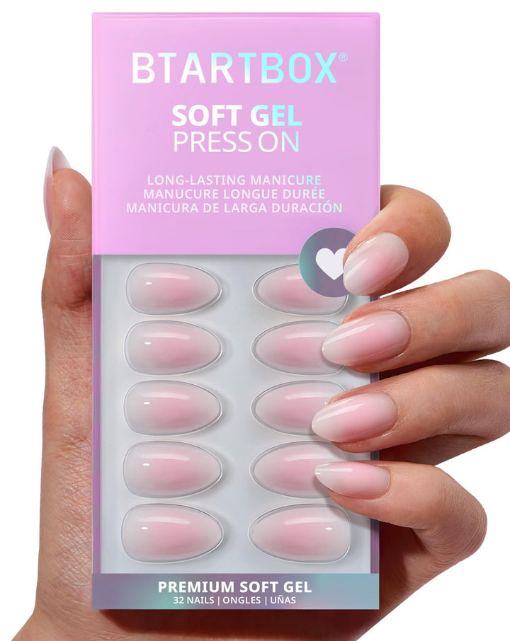 BTArtbox front packaging showing pink ombre almond nails and included tools