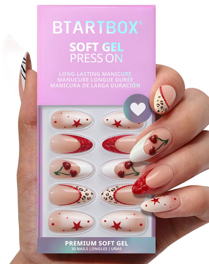 BTArtbox front packaging showing 3D cherry almond nails and included kit benefit