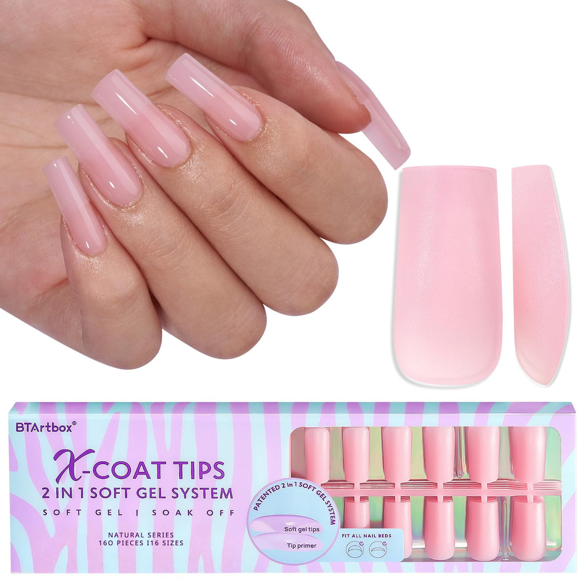 BTArtbox front packaging showing 150 matte pink press-on nails and benefits