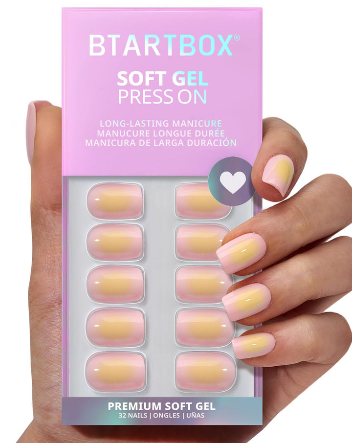 BTArtbox front packaging showing pink and yellow nails and included tools, easy-at-home benefit