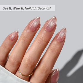 BTArtbox nails held to show almond length and scale for wearable, everyday look