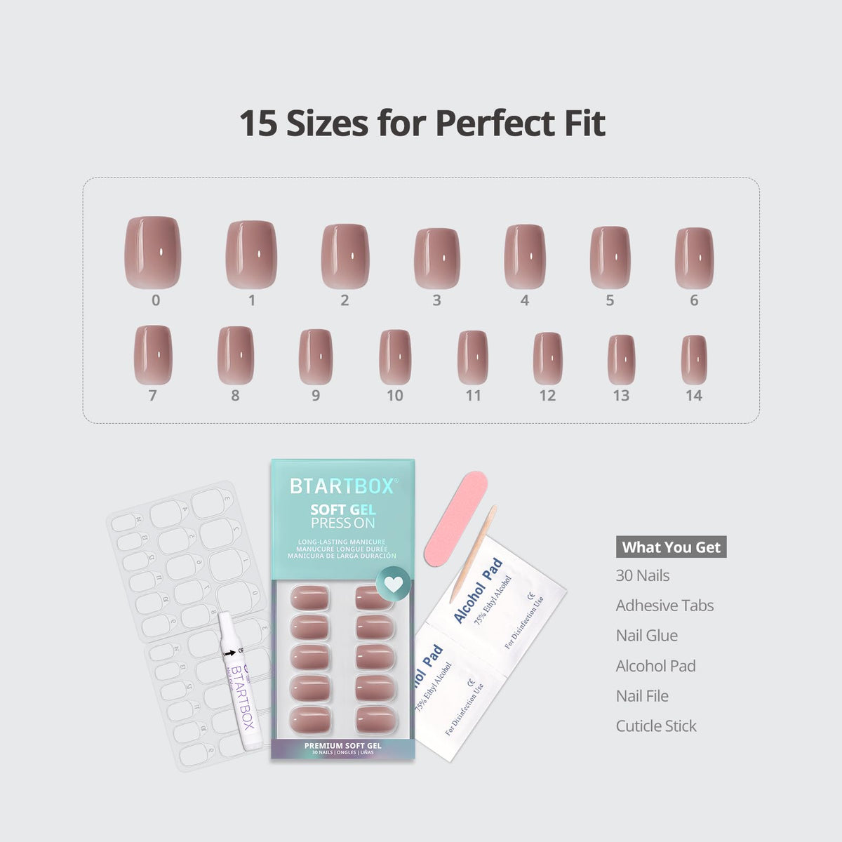 BTArtbox tools, glue, tabs and file displayed for complete at-home manicure