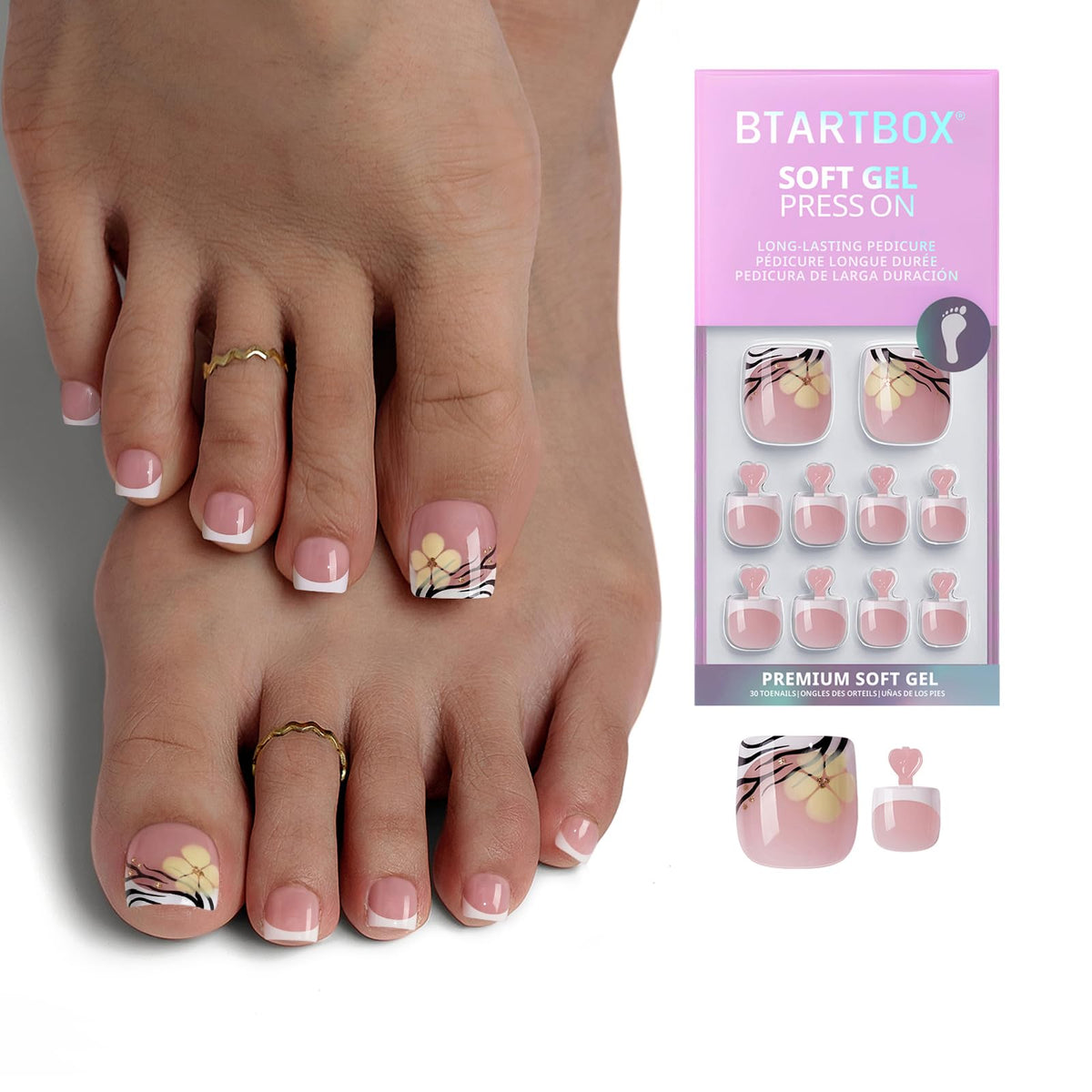 BTArtbox front packaging showing 30 toenails and included accessories for easy pedicures
