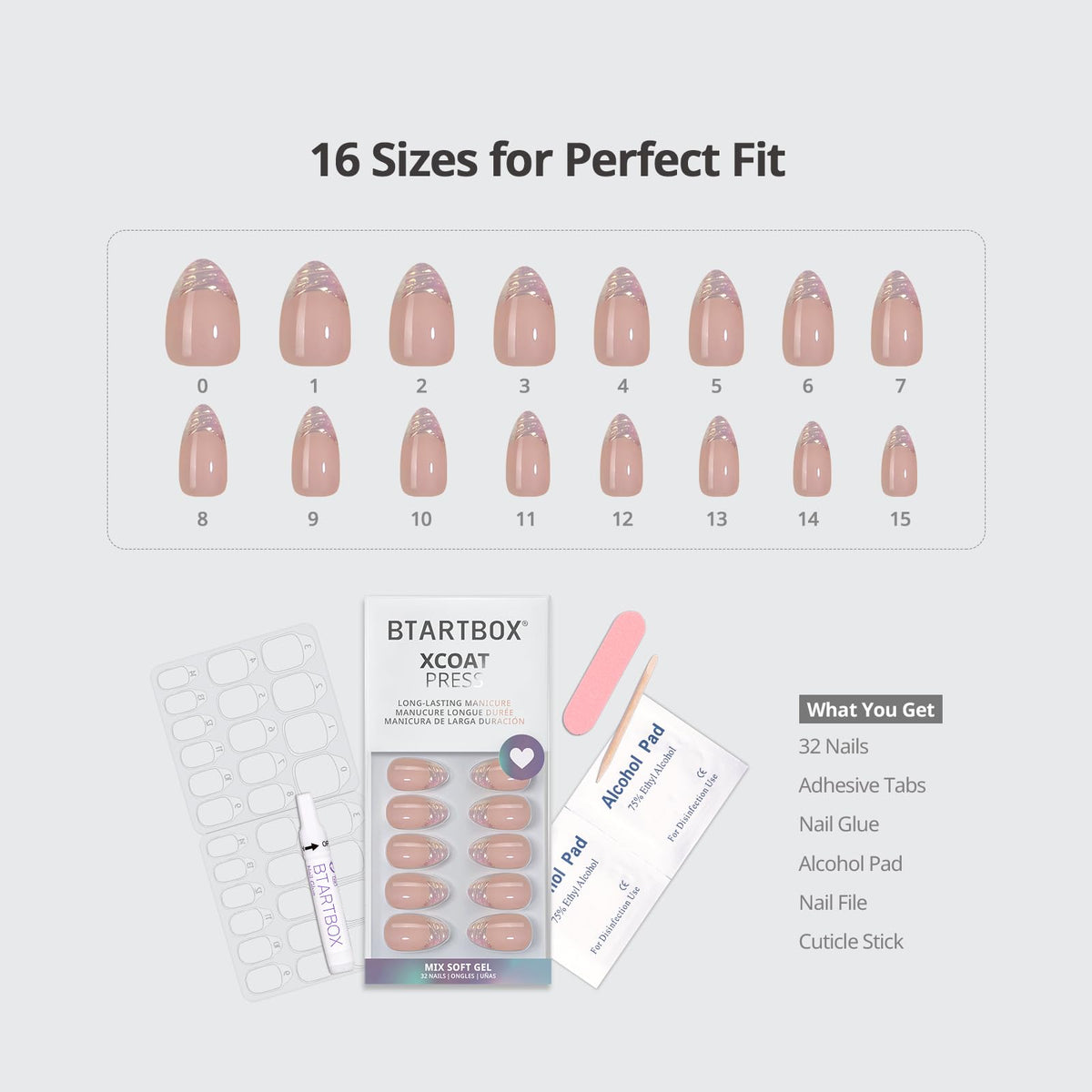BTArtbox kit contents with glue, tabs, file, cuticle stick and storage box