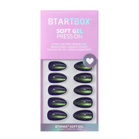 BTArtbox hands wearing blue almond nails showcasing wearable style