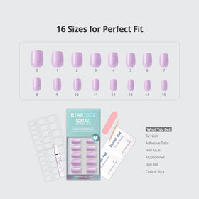 Comparison of BTArtbox 16 nail sizes fanned out to show fit options for natural nail shape and size