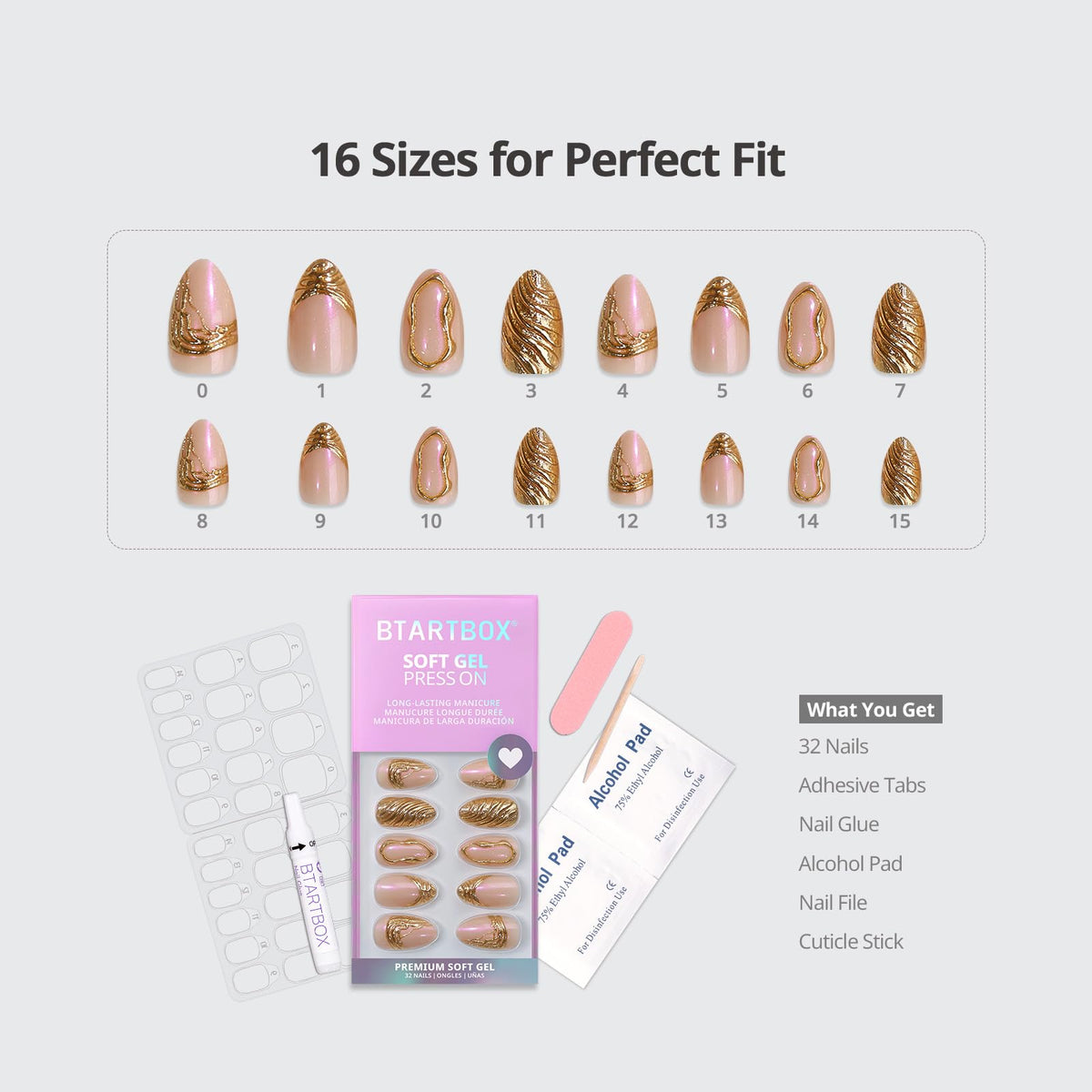 BTArtbox nail size display with 16 sizes for precise customized fit