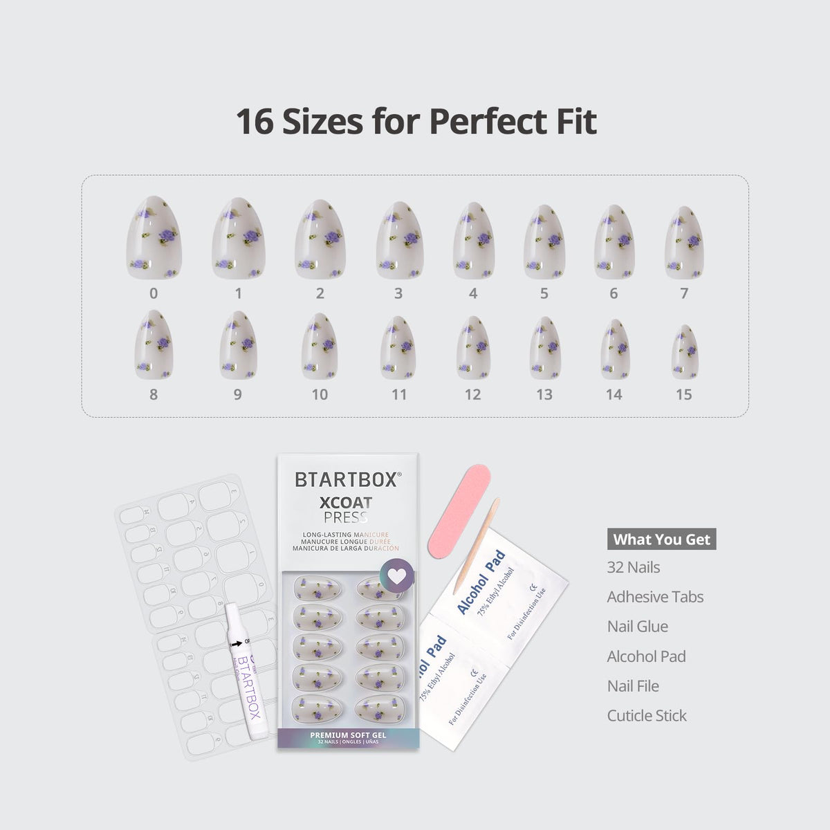 BTArtbox spread of 16 different nail sizes to help customers find the perfect fit