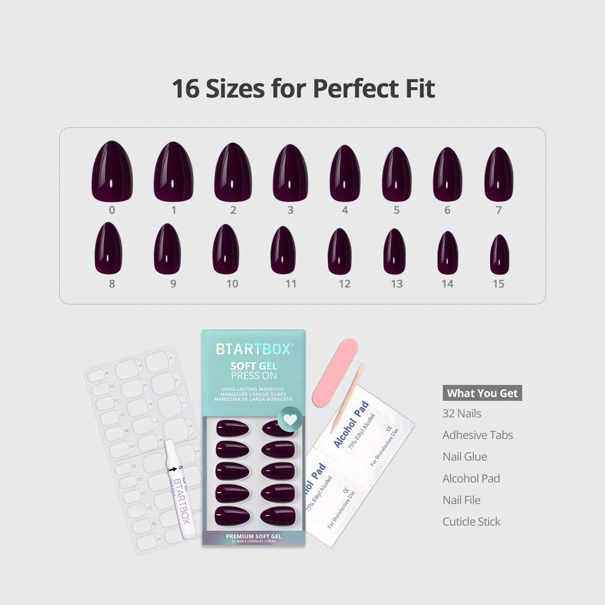 BTArtbox nails arranged by size to show the 16-size range for precise fit