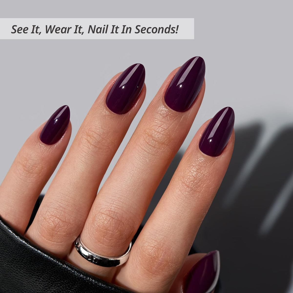 BTArtbox close-up of dark purple almond nail texture highlighting smooth opaque gel finish