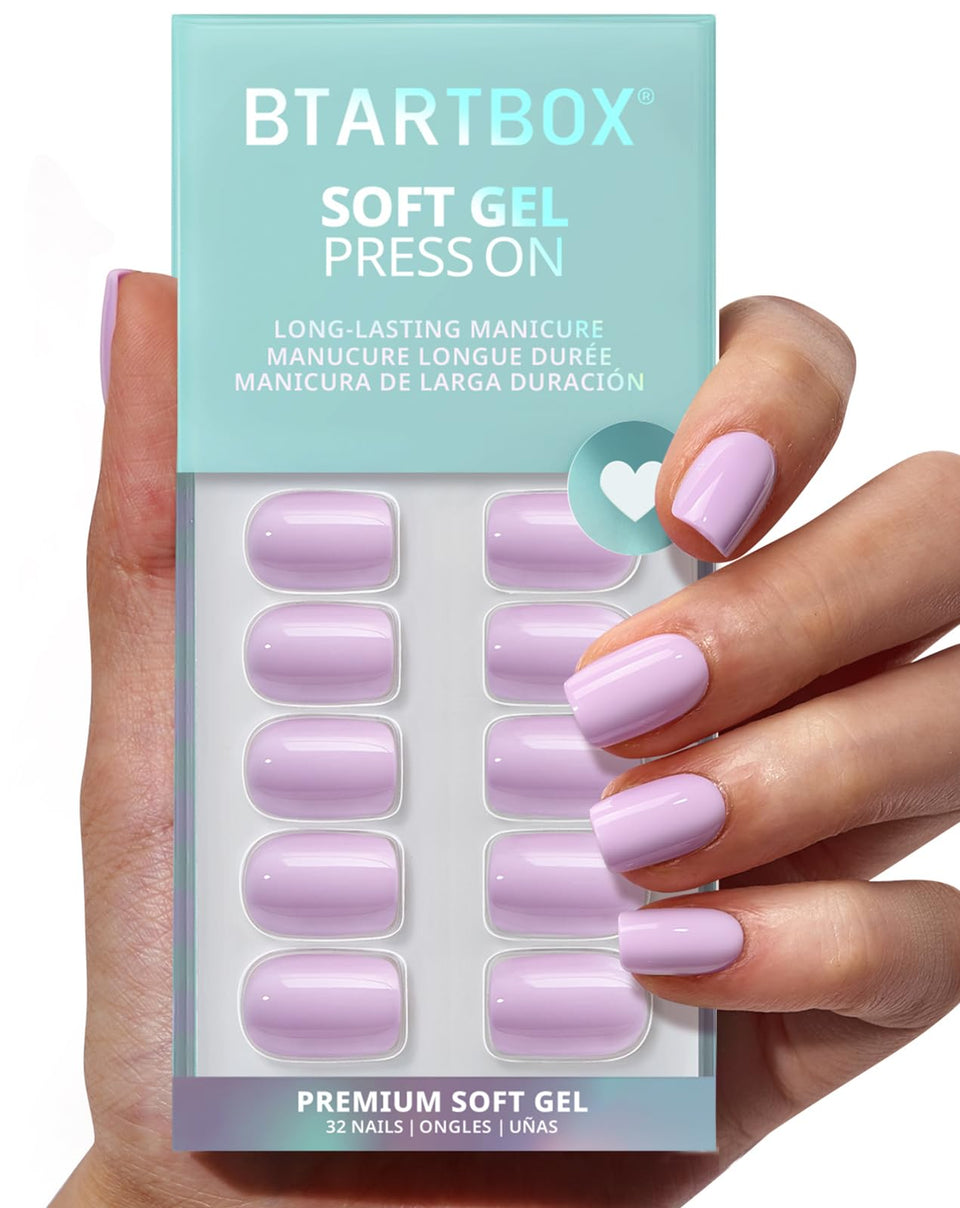 BTArtbox front packaging showing pastel purple short square nails and included tools for quick application