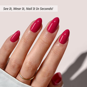 BTArtbox close-up of almond nail texture and opaque raspberry red finish, natural look