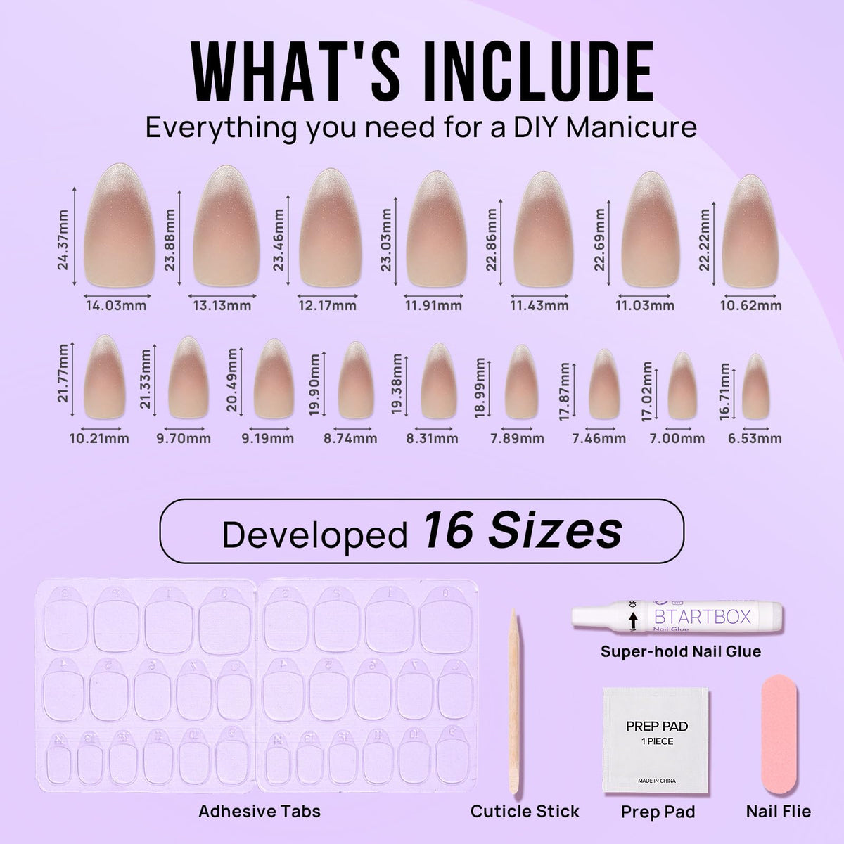 BTArtbox almond nails on natural nail for size and proportion comparison