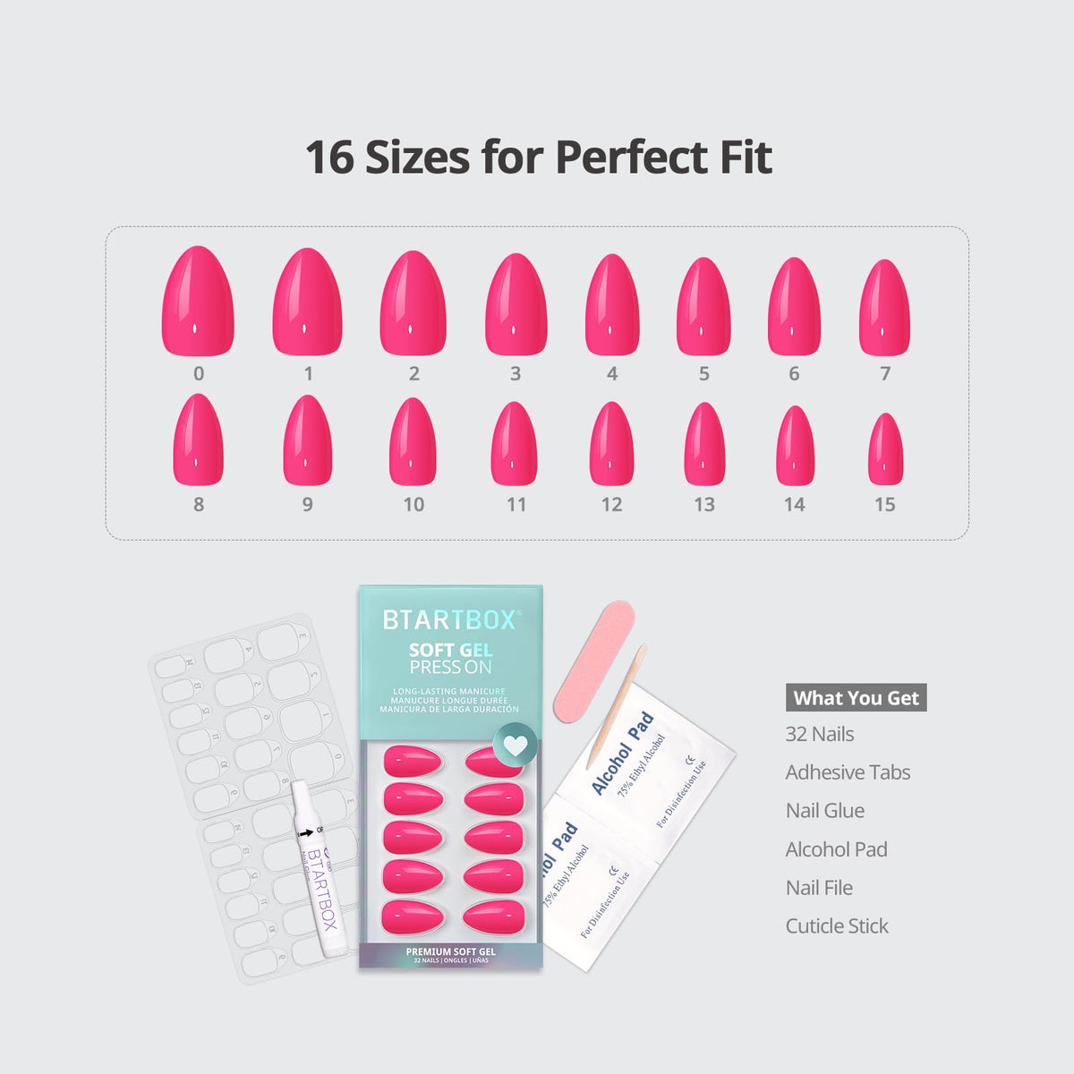 BTArtbox array showing 16 sizes for precise nail fitting and selection