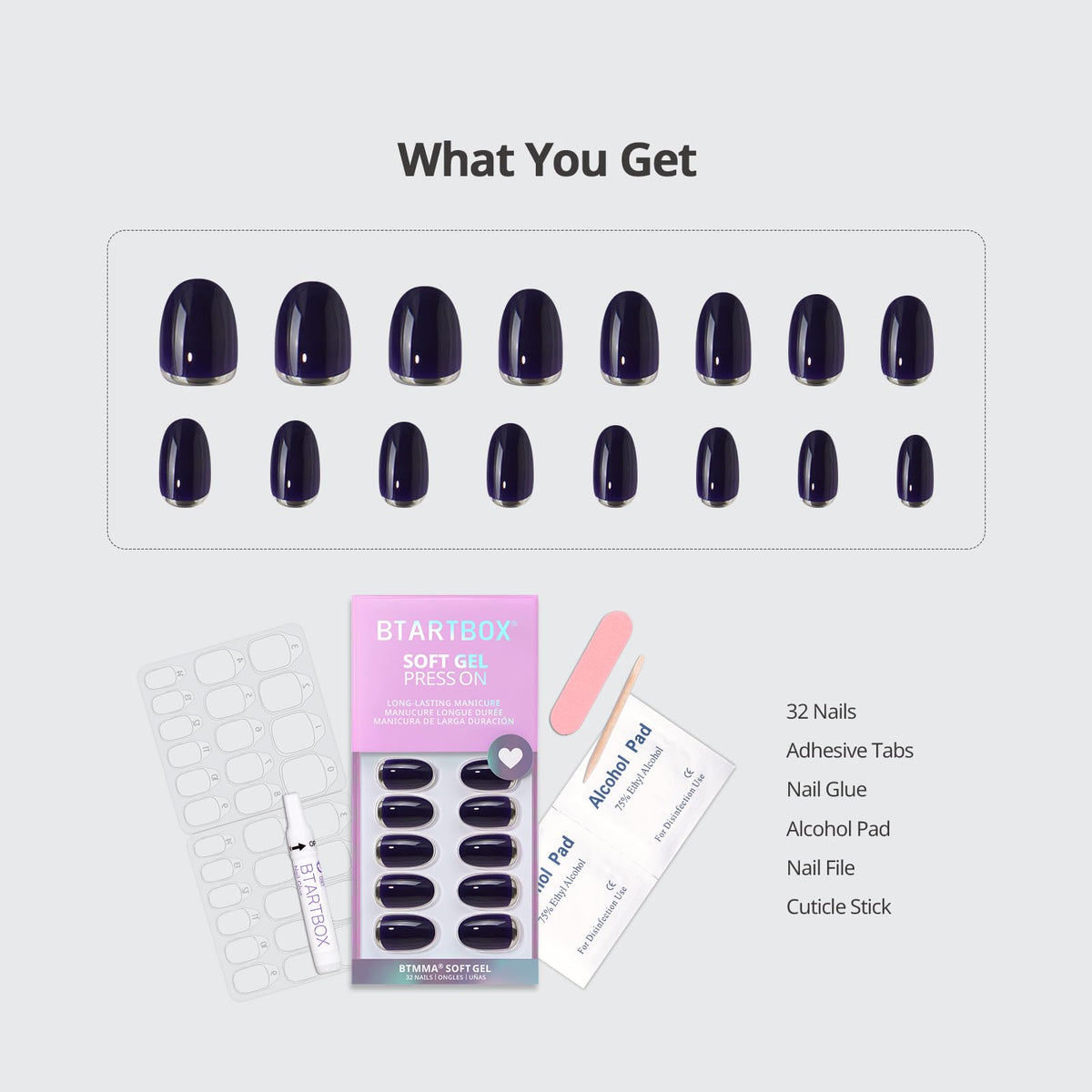 BTArtbox 16-size array laid out to display full size range for precise nail fit
