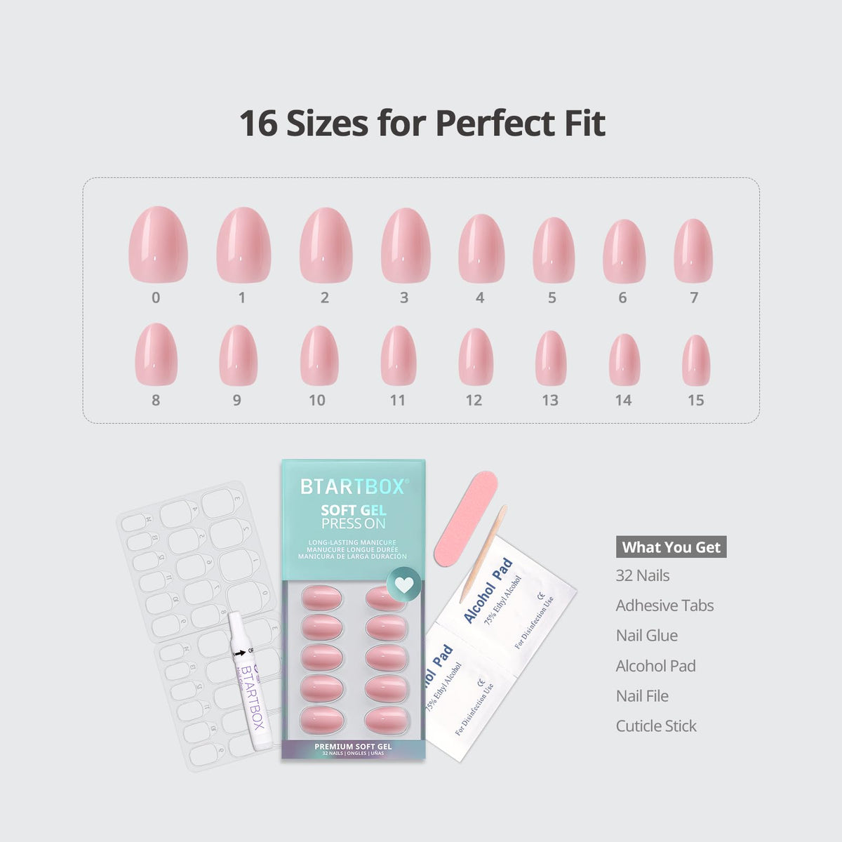 BTArtbox size layout with 16 sizes and 32 nails for precise fitting advantage