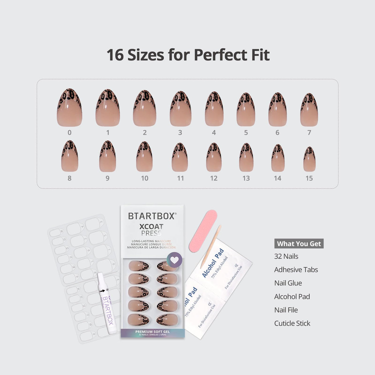 BTArtbox layout of 16 sizes displayed for size selection and precise custom fitting