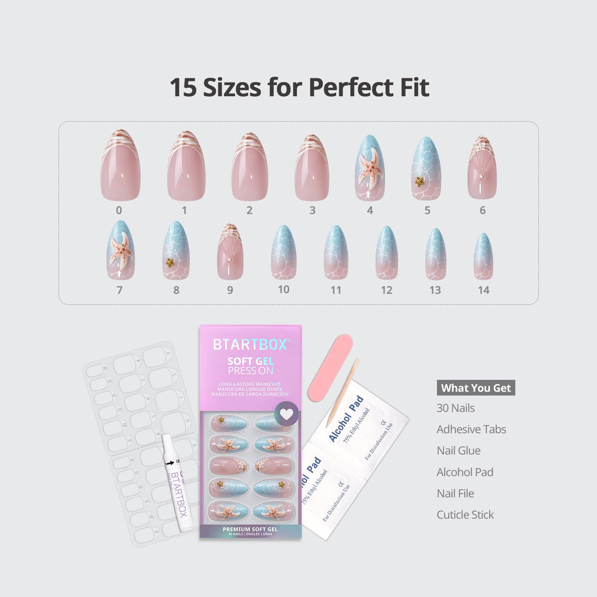 BTArtbox size comparison display of 15 sizes illustrating fit options for each finger