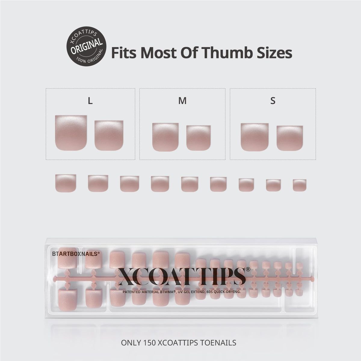 BTArtboxnails display of six big-toe sizes showing precise fit options