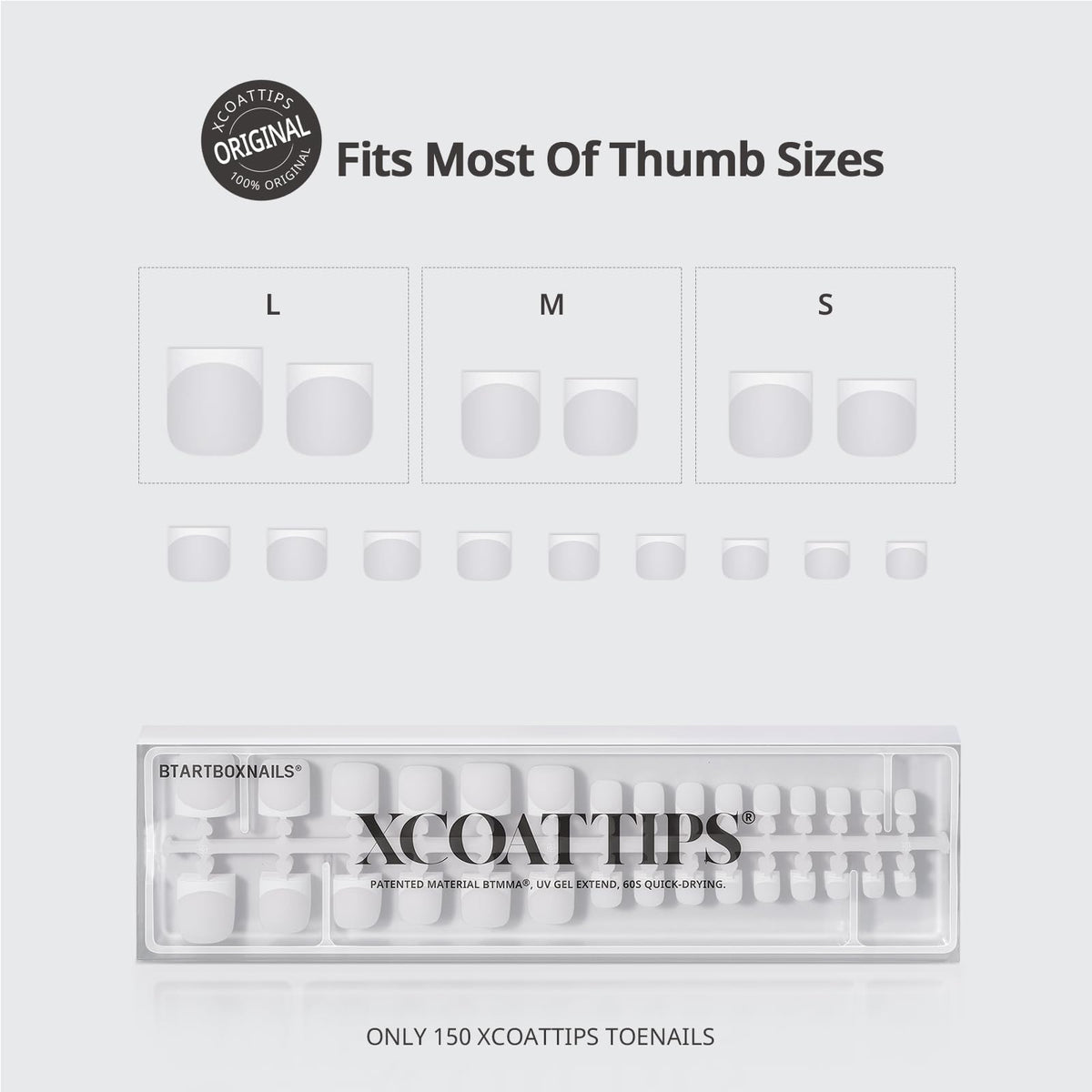 BTArtboxnails display of six big-toe sizes giving precise fit options