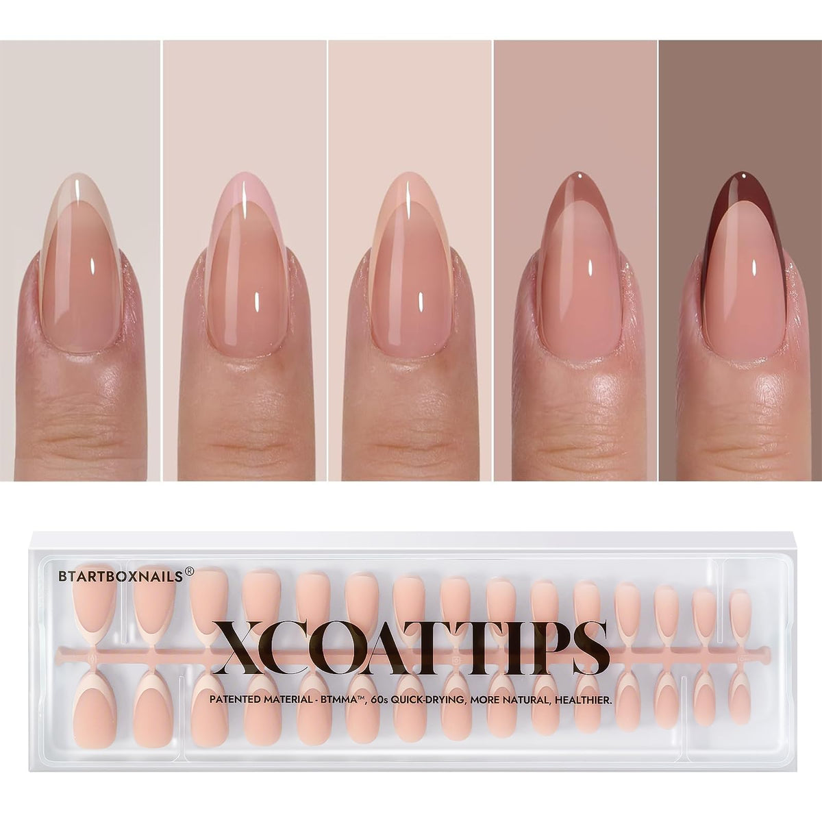 BTArtboxnails front packaging showing French press-on kit and quick benefits