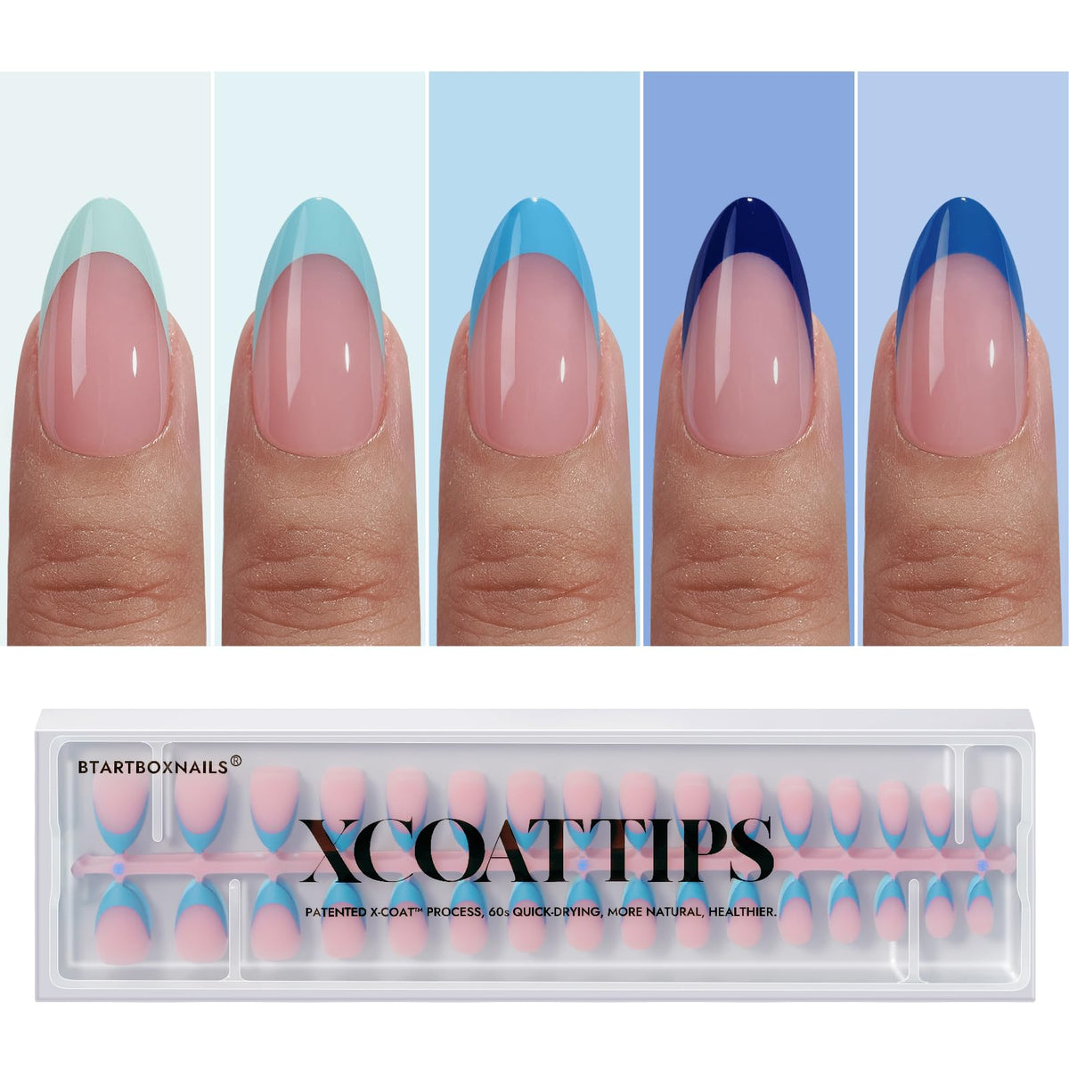 BTArtboxnails front packaging showing 160 blue French press-on nails and convenience