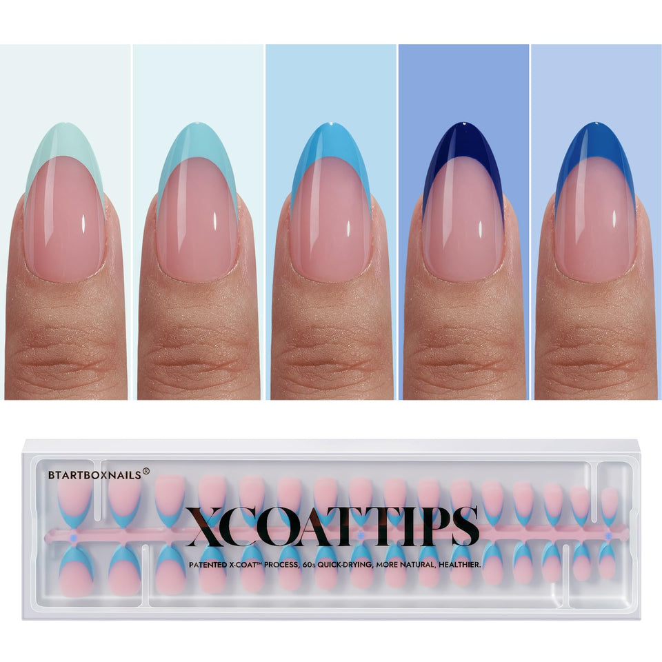 BTArtboxnails front packaging showing 160 blue French press-on nails and convenience