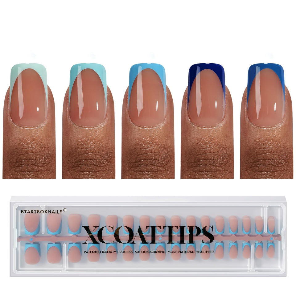 BTArtboxnails front packaging showing 160 blue French tips and benefits