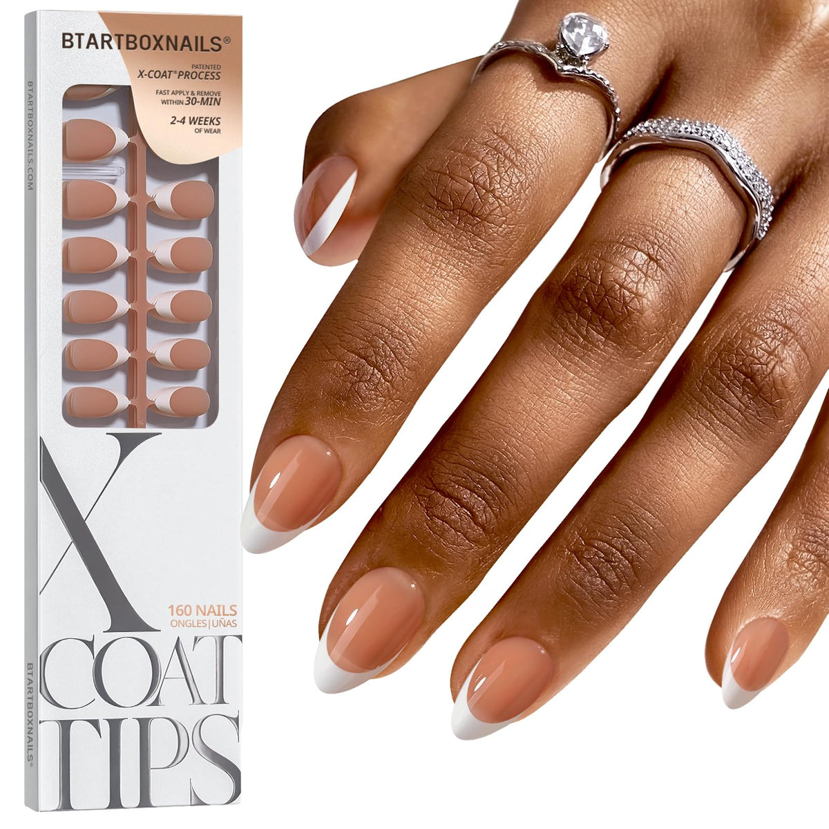 BTArtboxnails front packaging showing brown short almond French tips and convenience