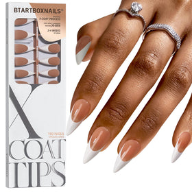 BTARTBOXNAILS front packaging showing brown stiletto tips and convenient set