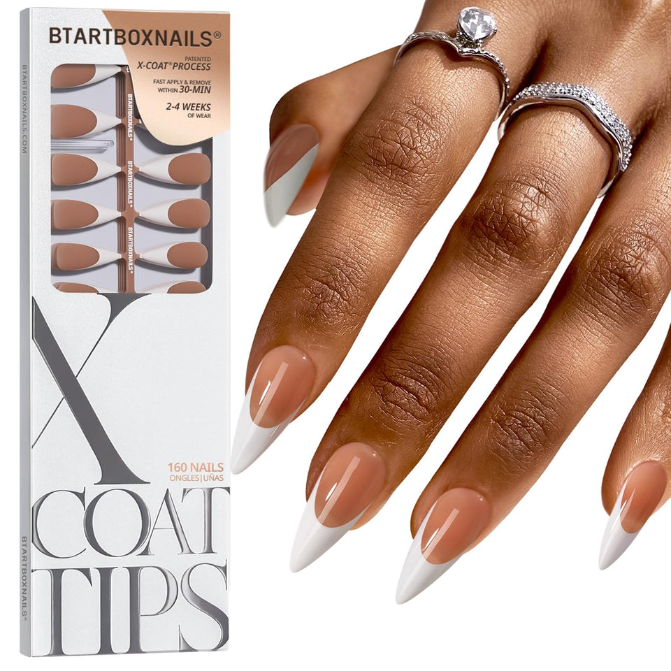 BTARTBOXNAILS front packaging showing brown stiletto tips and convenient set