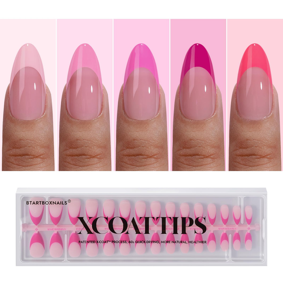 BTArtboxnails front packaging showing pink French almond set and benefits