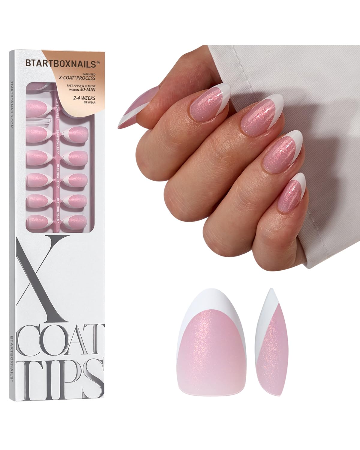 BTArtboxnails front packaging showing pink glitter base and 96-piece set for convenience