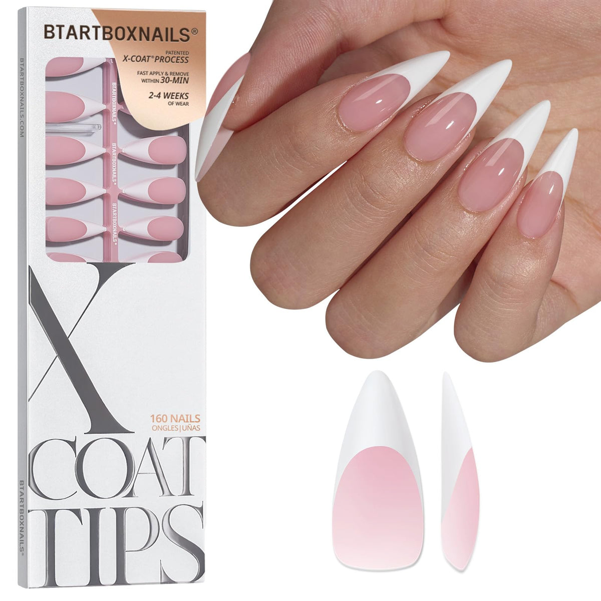 BTArtboxnails front packaging showing long stiletto pink tips and set contents