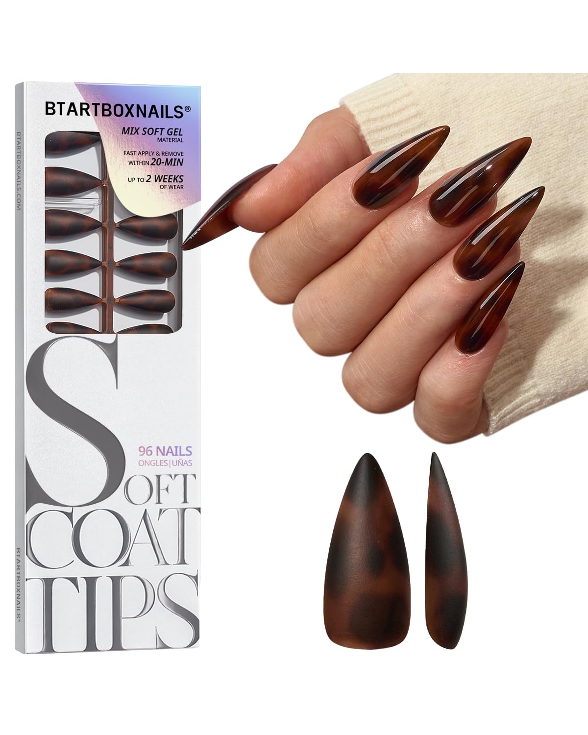 BTArtboxnails front packaging showing 96-piece tortoiseshell set and quick application benefit