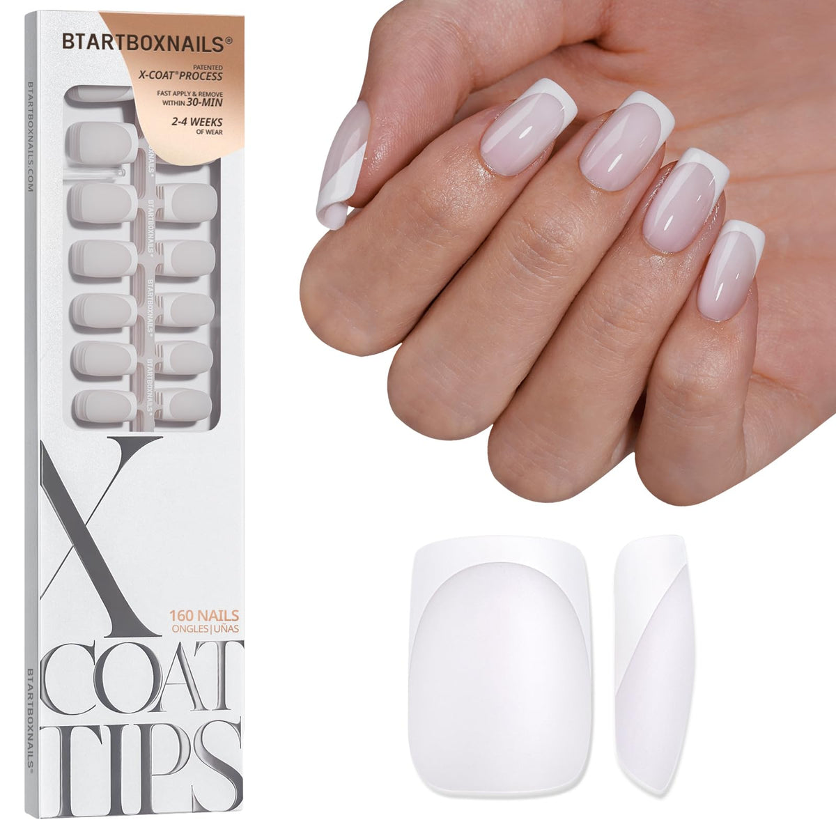 BTArtboxnails box front view showing 160-piece French tip set and benefit of variety