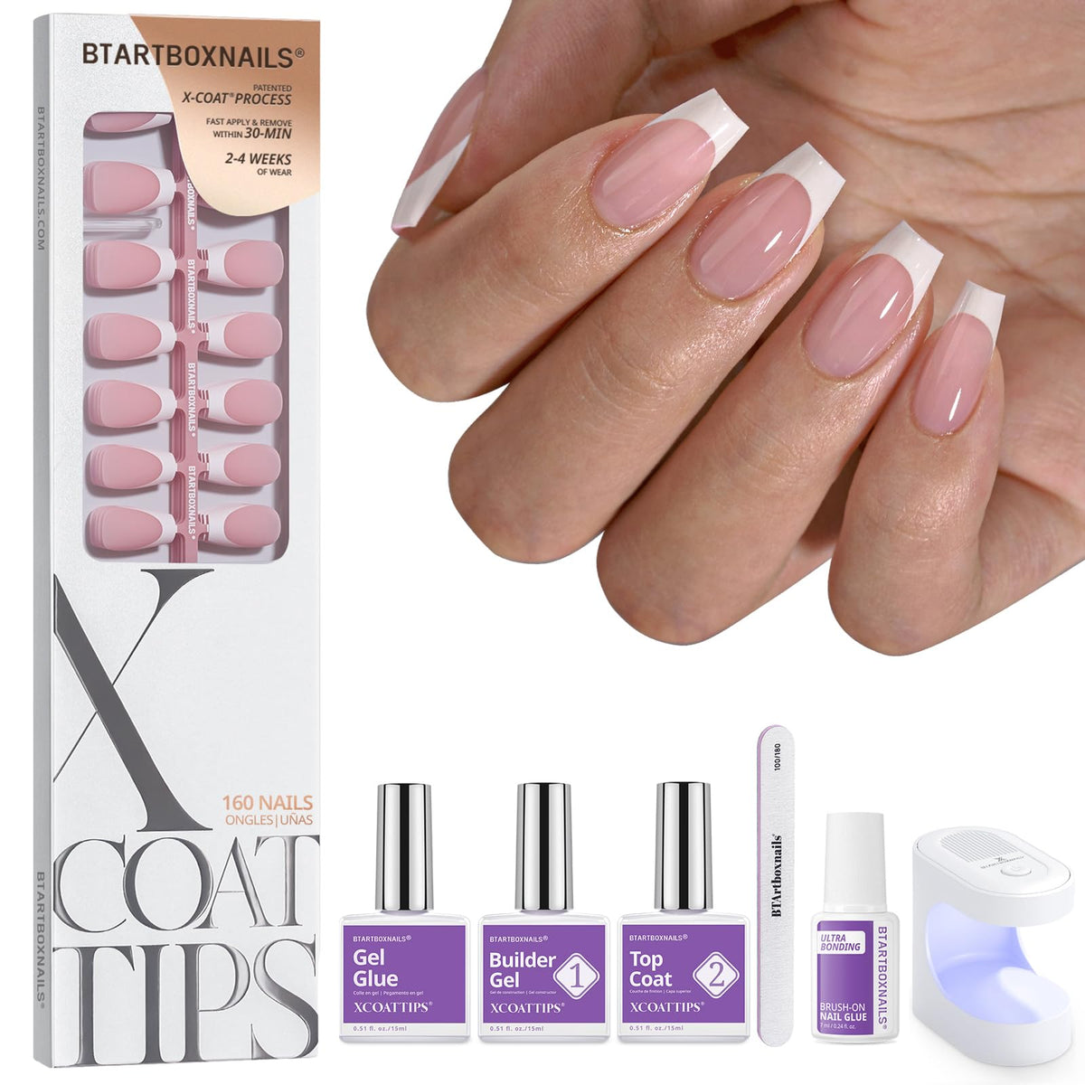 BTArtboxnails front packaging showing full French press-on kit and included lamp for convenient application