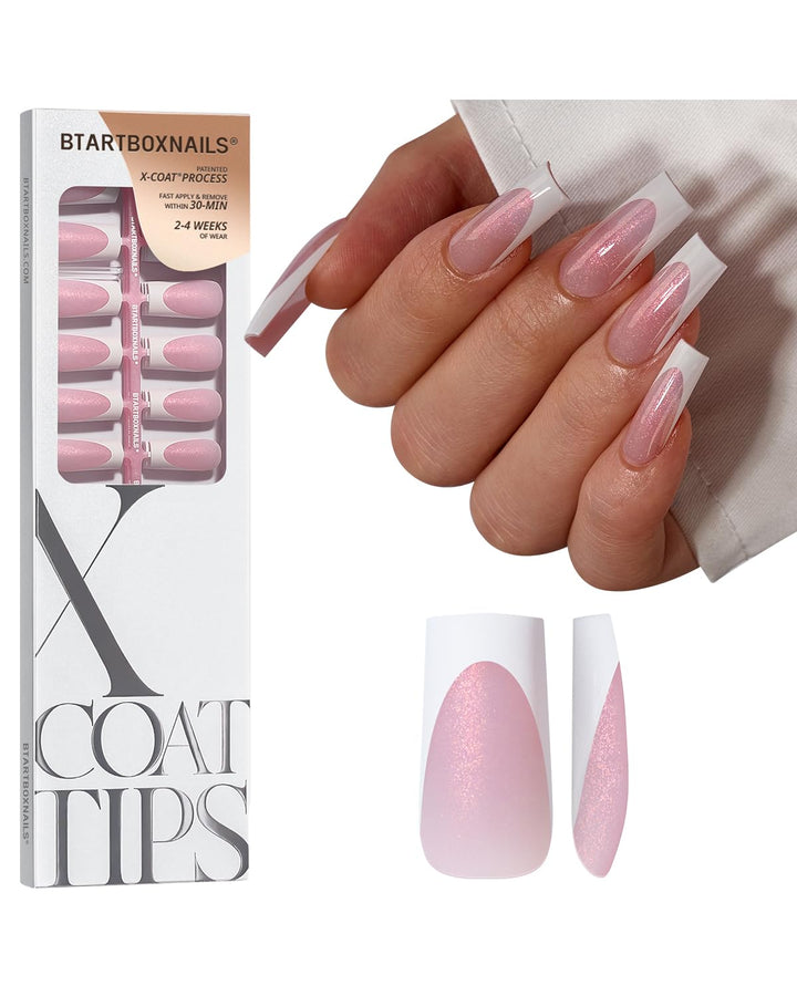 BTArtboxnails front packaging showing 96-piece set and pink glitter tips for convenience