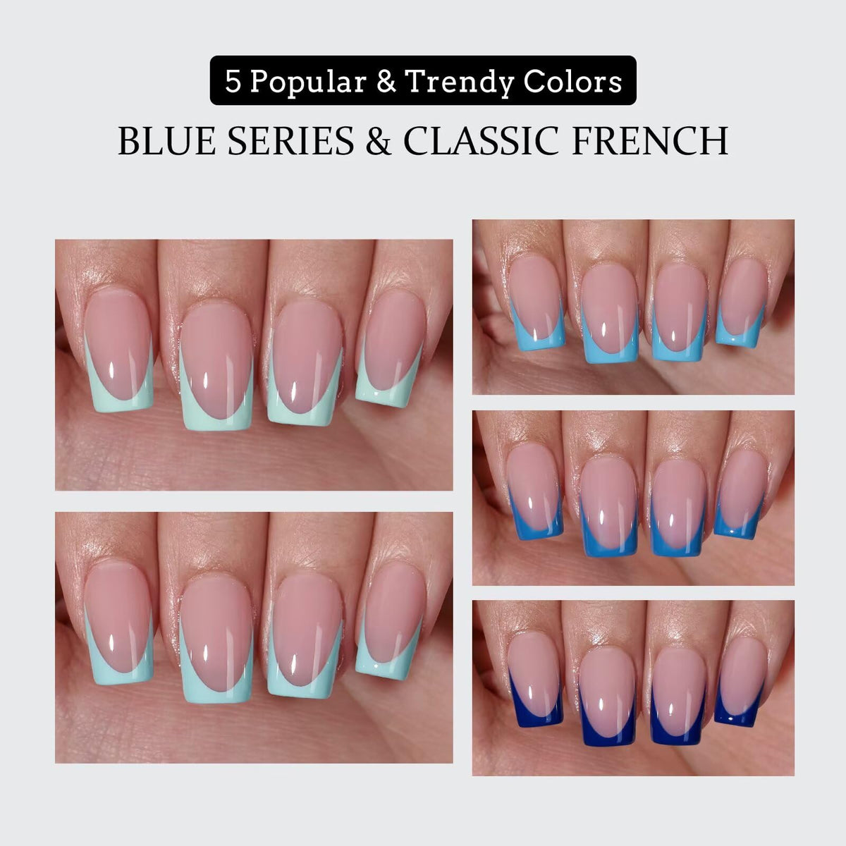 BTArtboxnails applied on hand showing short square blue French manicure look