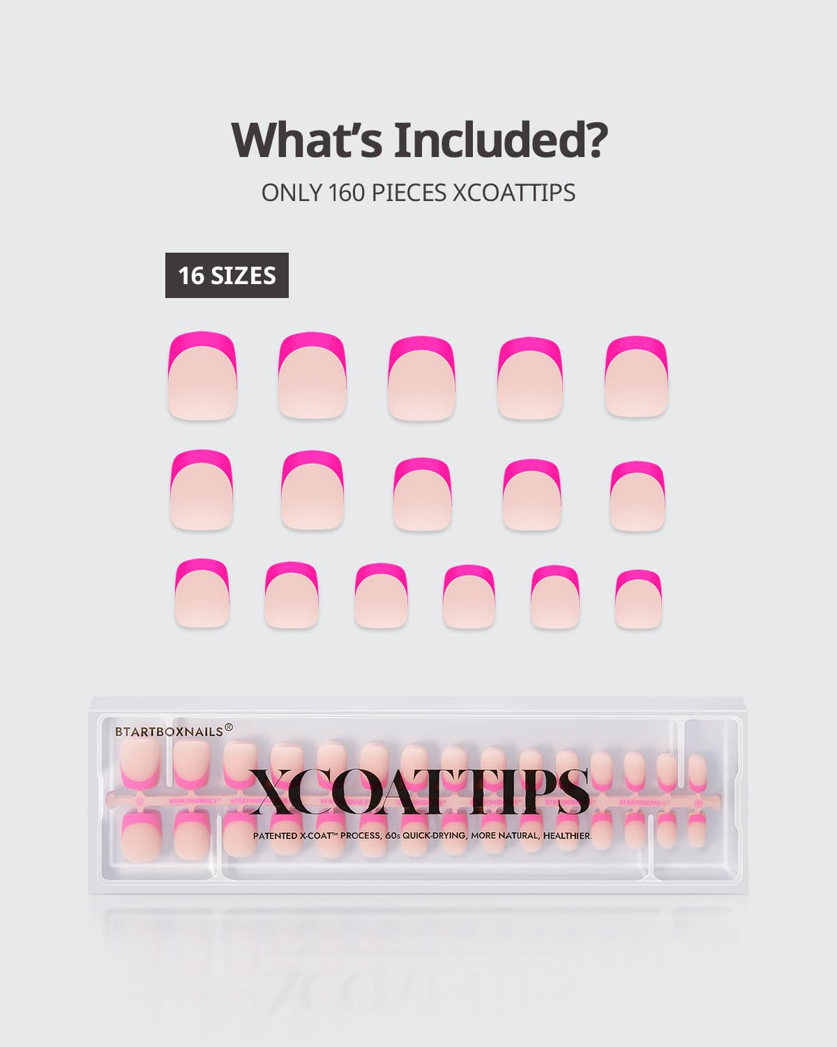 BTArtboxnails spread of 15 sizes organized to show fitting options and extras